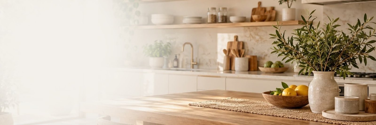 Cozinha moderna em tons neutros com madeira, plantas e luz natural